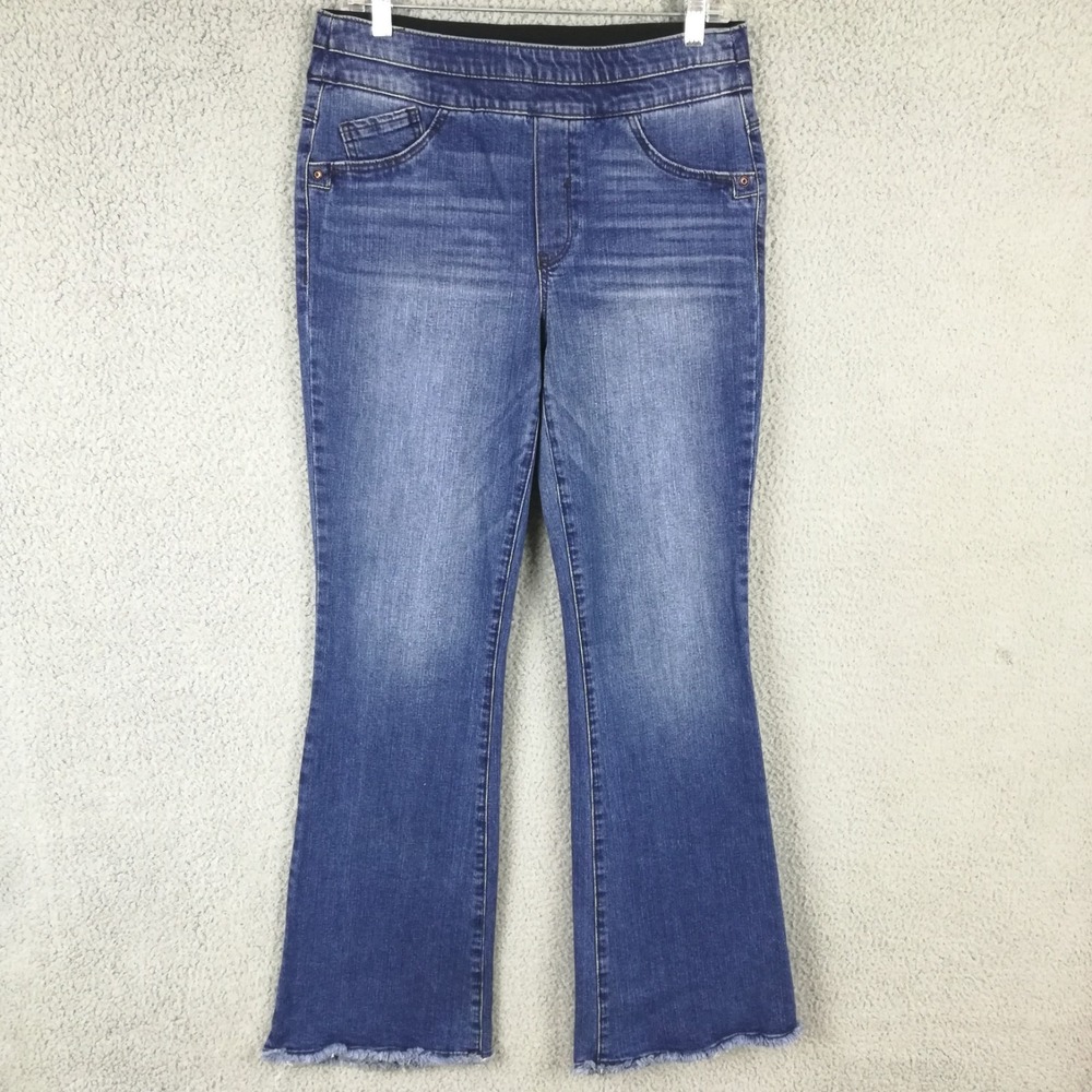 Mac And Me Womens Jeans Flare Blue Denim Frayed Hem Pull On High Rise 8